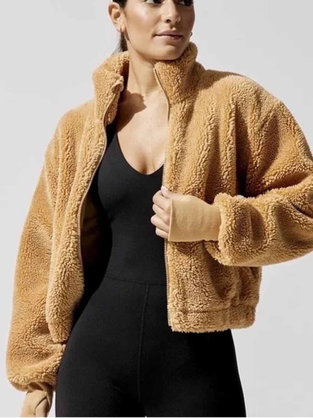 Carbon38 Plush Teddy Zip Jacket in Camel